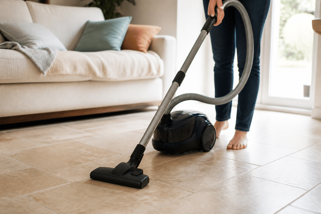 Aspirateur sur carrelage beige dans salon lumineux