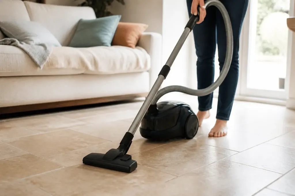 Aspirateur sur carrelage beige dans salon lumineux