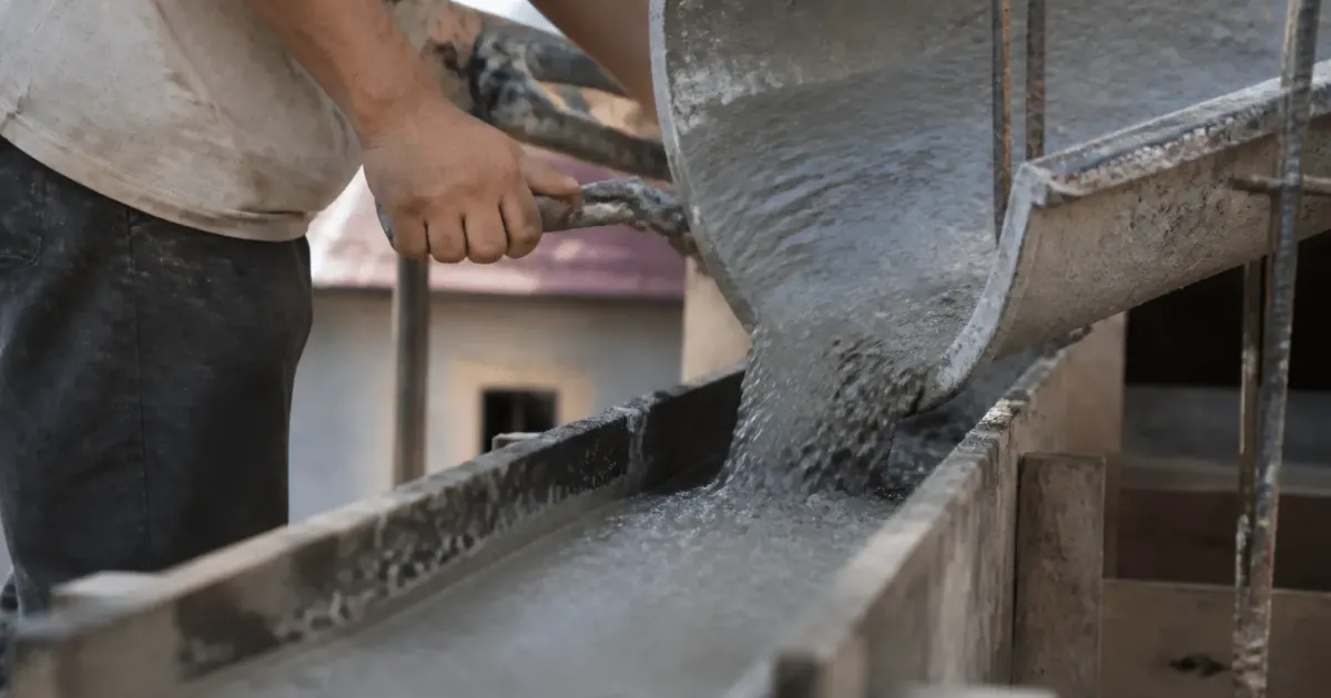 ouvrier coulant beton gris dans structure murale horizontale