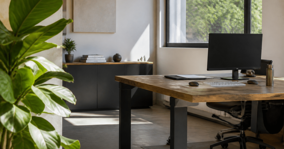Bureau moderne avec plante verte sur le côté gauche