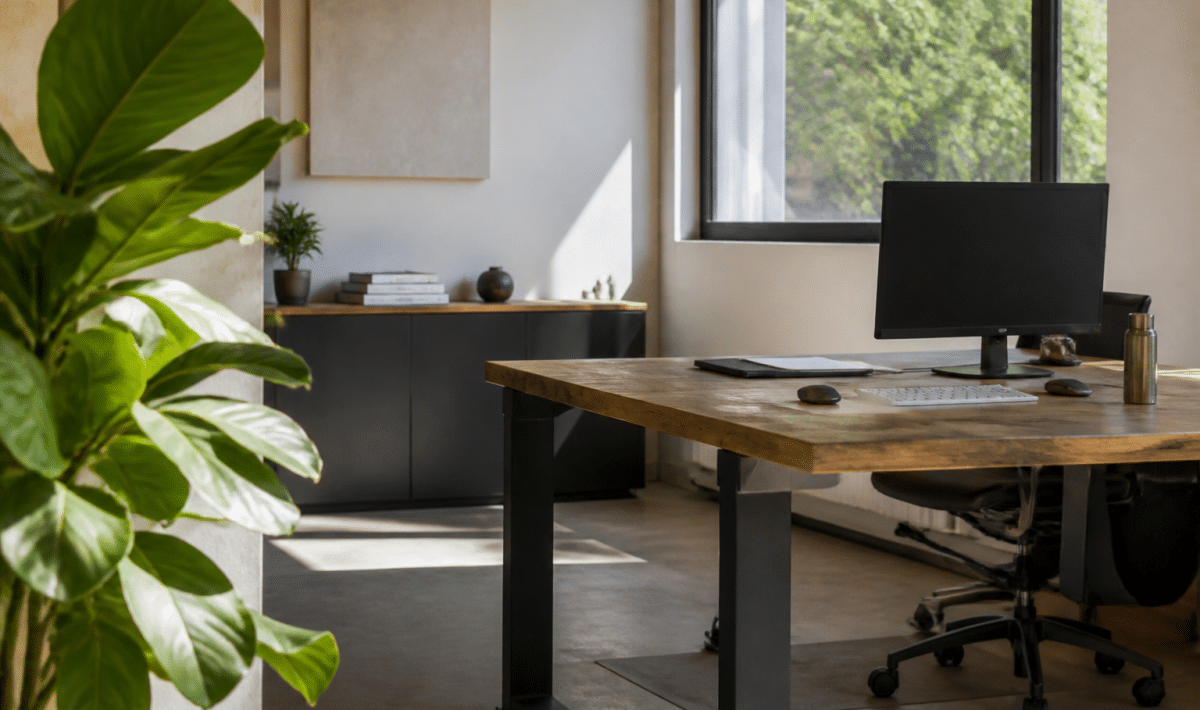 Bureau moderne avec plante verte sur le côté gauche