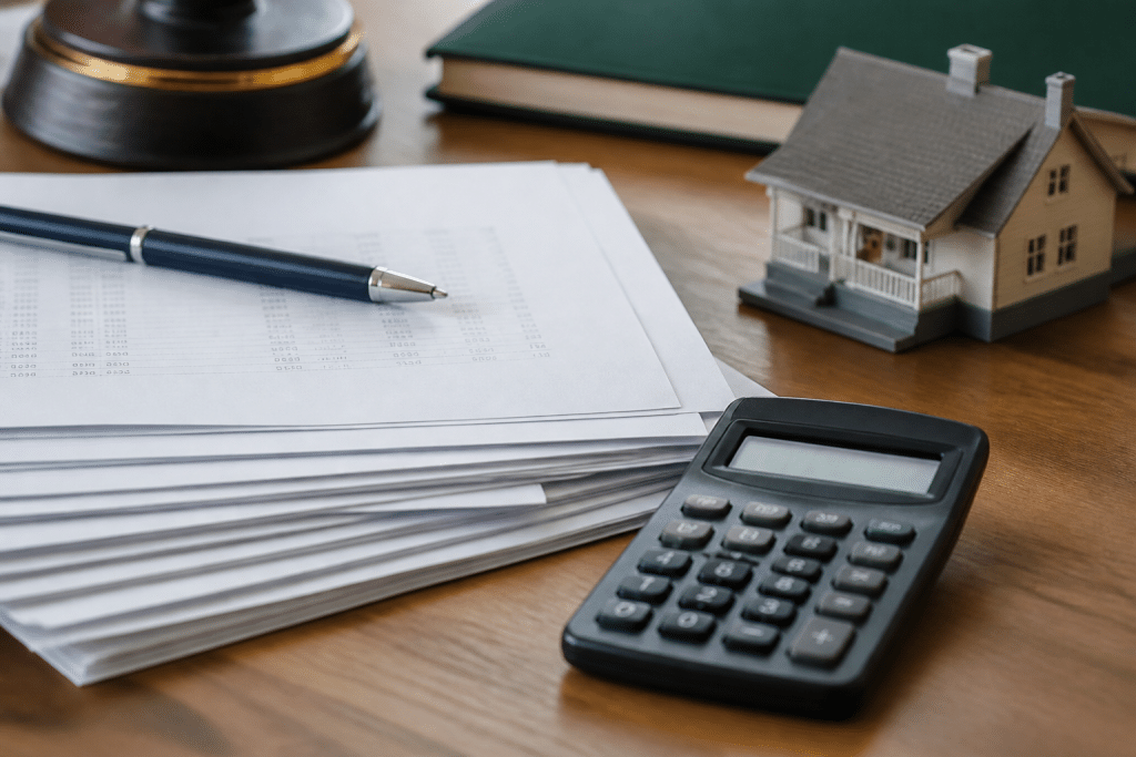 Document notarié avec calculs pourcentages stylo immobilier