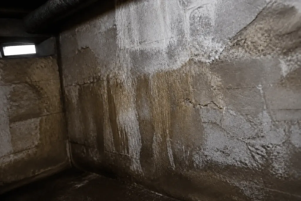 Murs humides avec traces d'humidite dans cave sombre