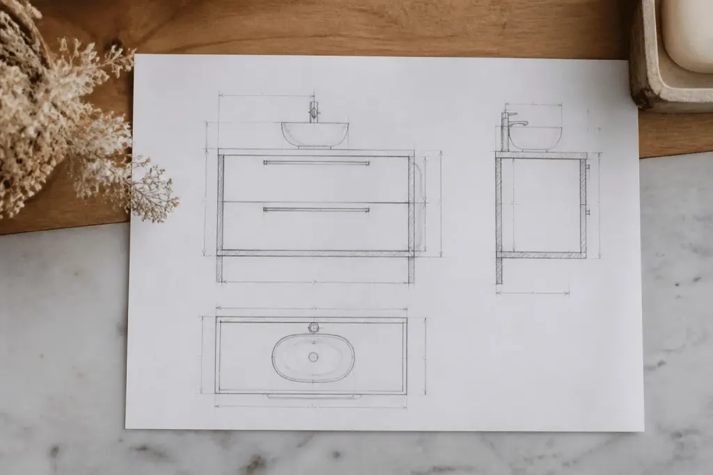 Croquis coté meuble salle bain avec mesures précises