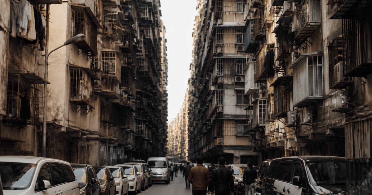 Densité urbaine avec immeubles collectifs surplombant rue animée