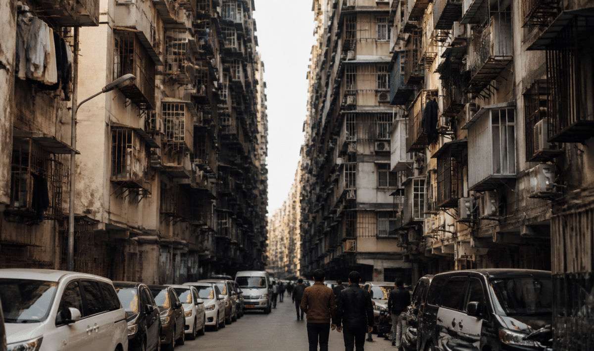Densité urbaine avec immeubles collectifs surplombant rue animée
