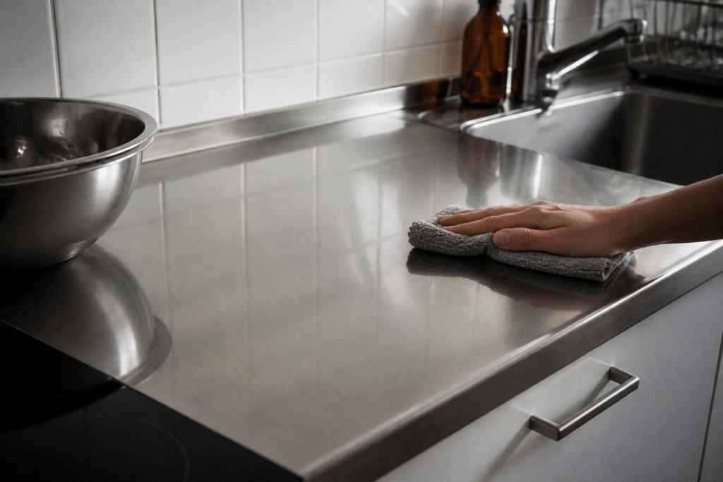 Surface inox brillante nettoyee au vinaigre blanc hebdomadairement