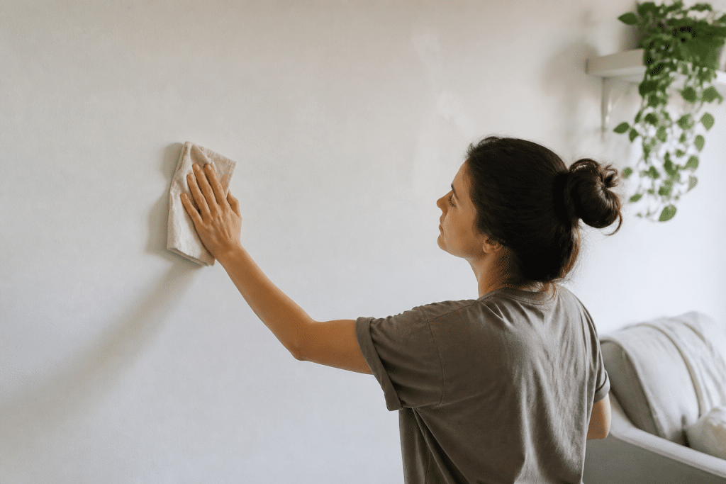 Personne époussetant mur blanc avec chiffon doux mensuel