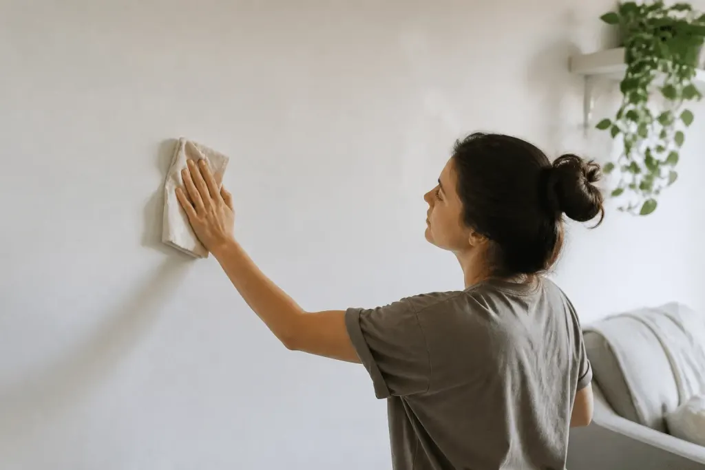 Personne époussetant mur blanc avec chiffon doux mensuel