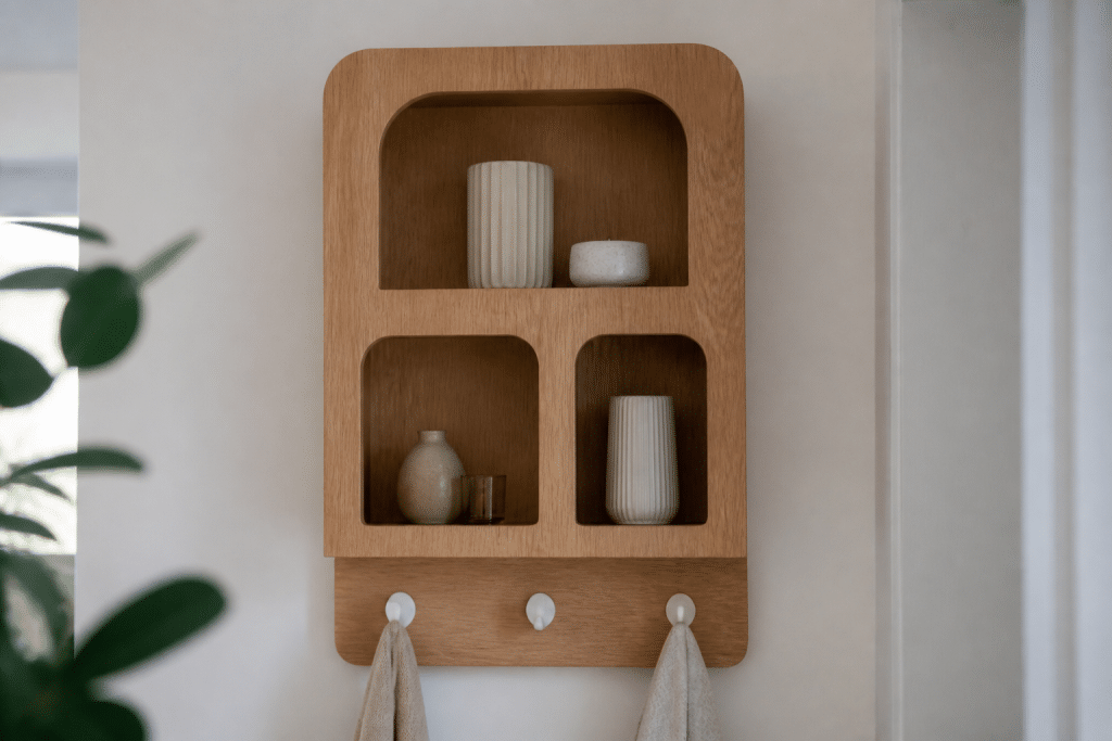 Etagere bois murale avec niches integrees et pateres blanches
