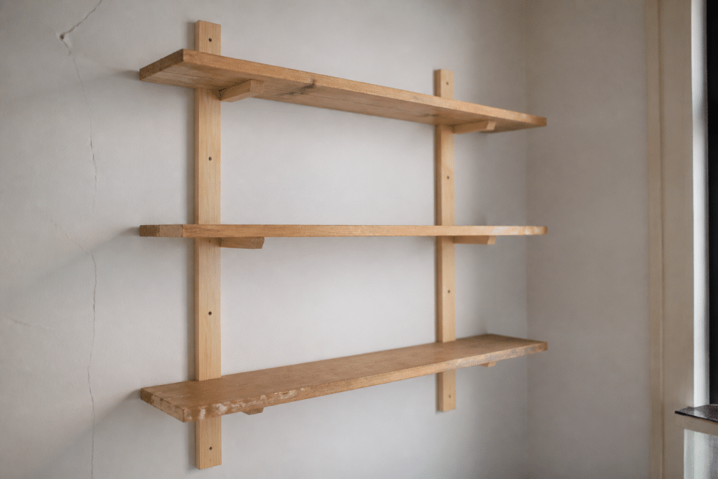 Trois etageres en bois avec planches et tasseaux fixes au mur