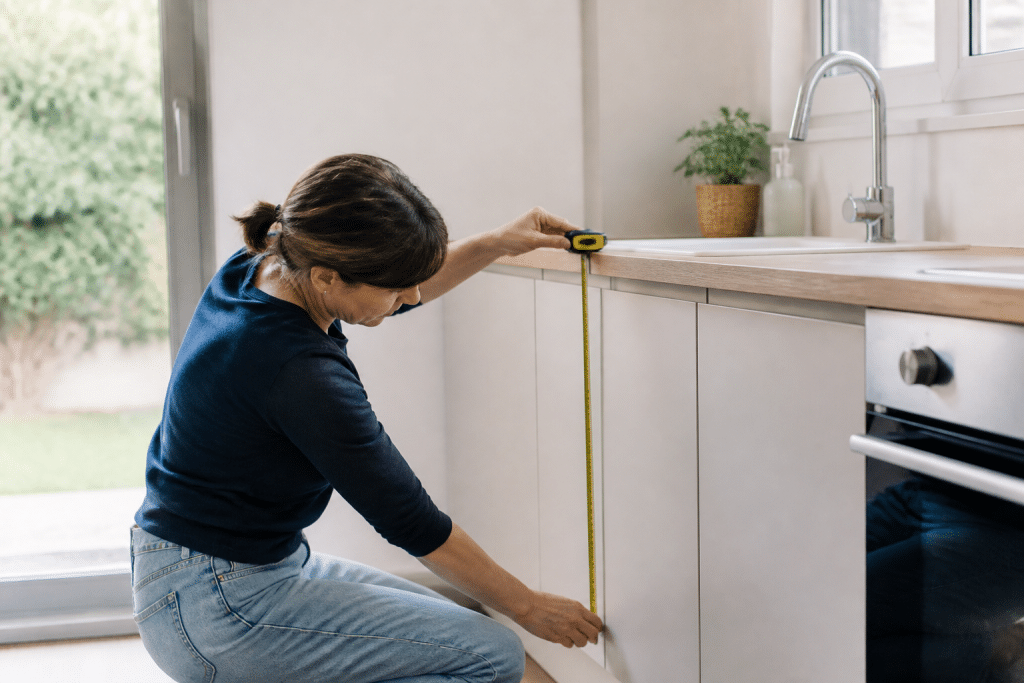 Personne mesurant hauteur plan travail cuisine standard