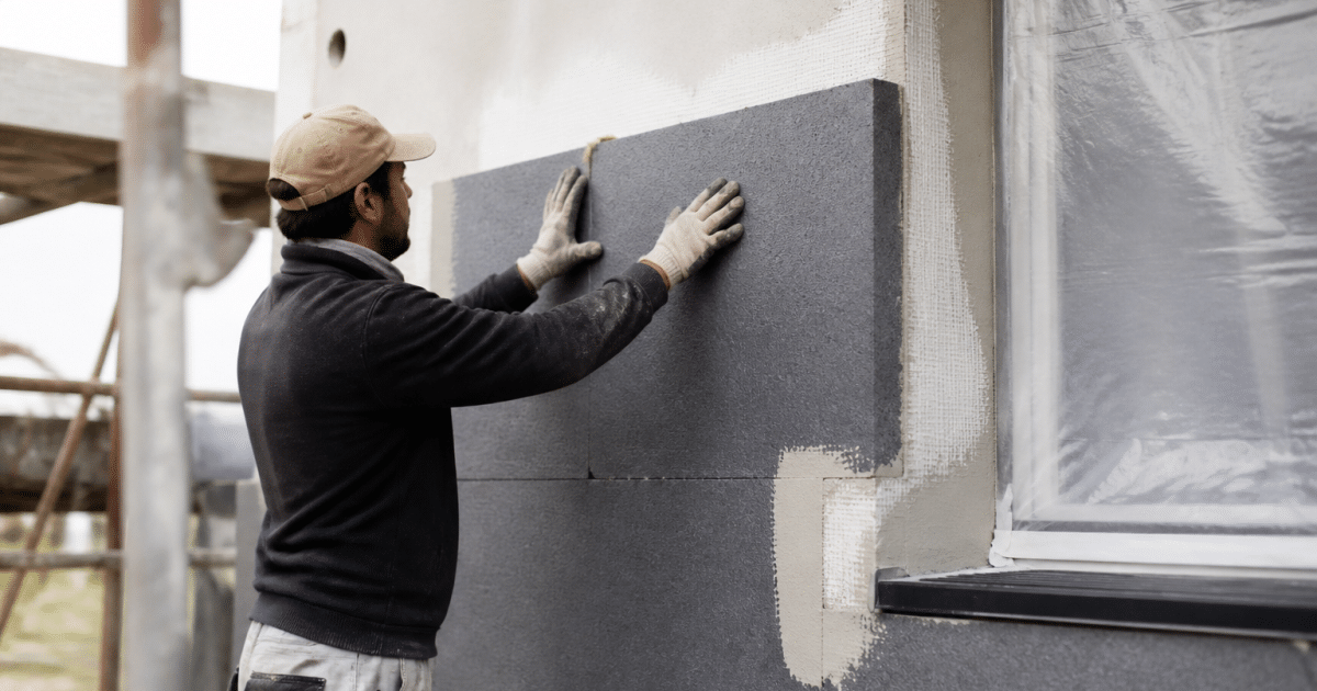 Personne appliquant isolation thermique sur facade verticale exterieure