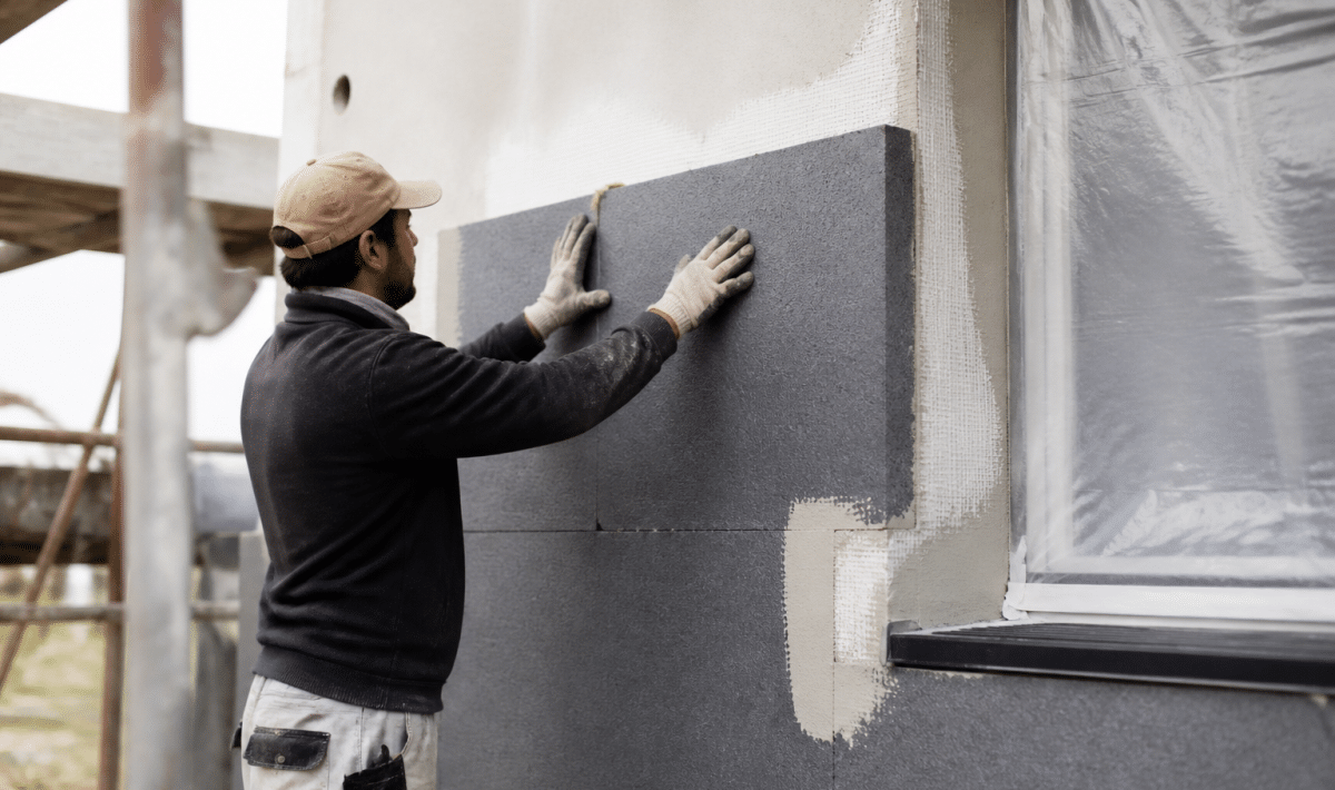 Personne appliquant isolation thermique sur facade verticale exterieure