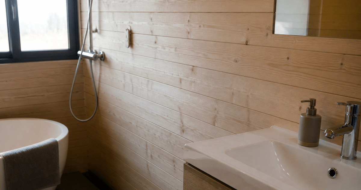Lames bois clair posees horizontalement dans salle bain humide