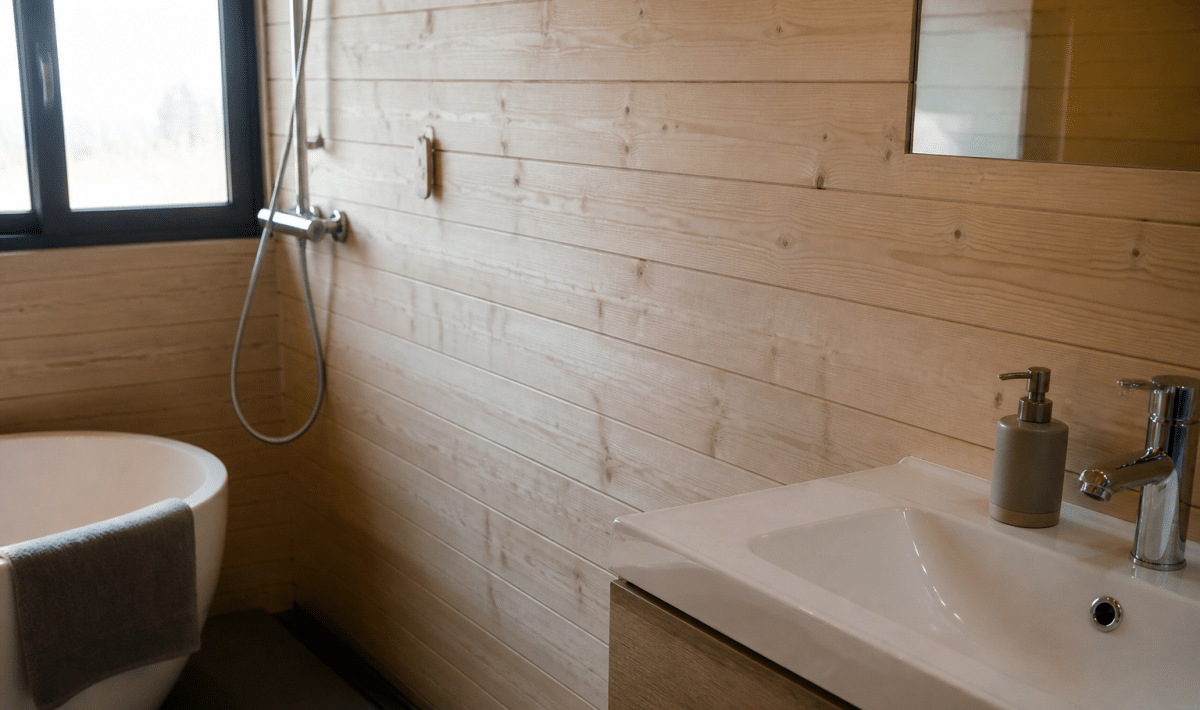 Lames bois clair posees horizontalement dans salle bain humide