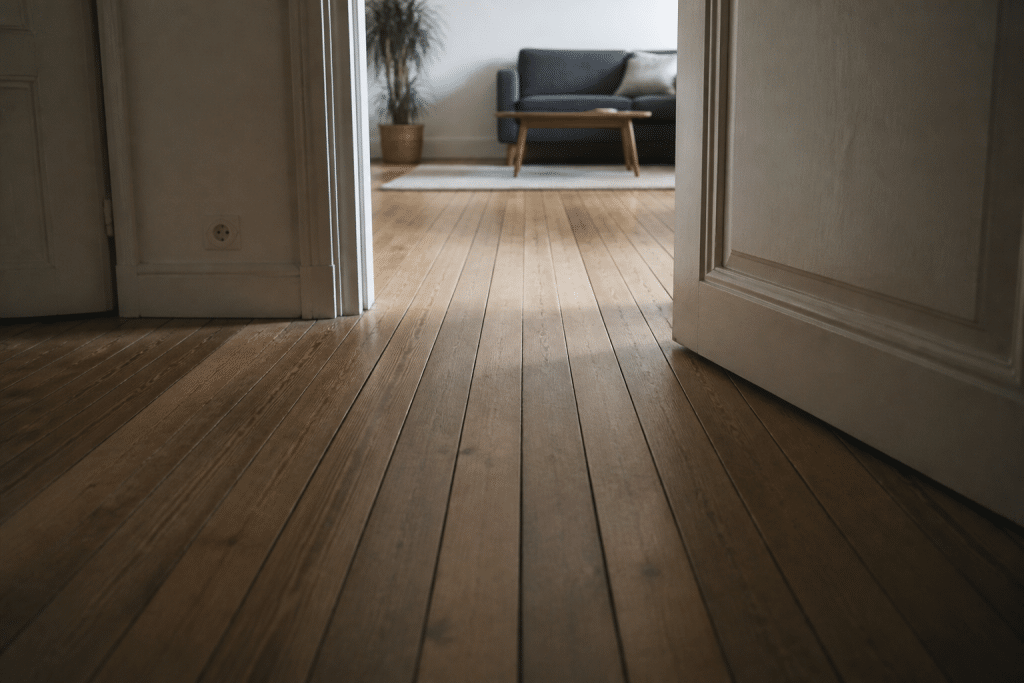Lames de parquet créant illusion perspective dans intérieur