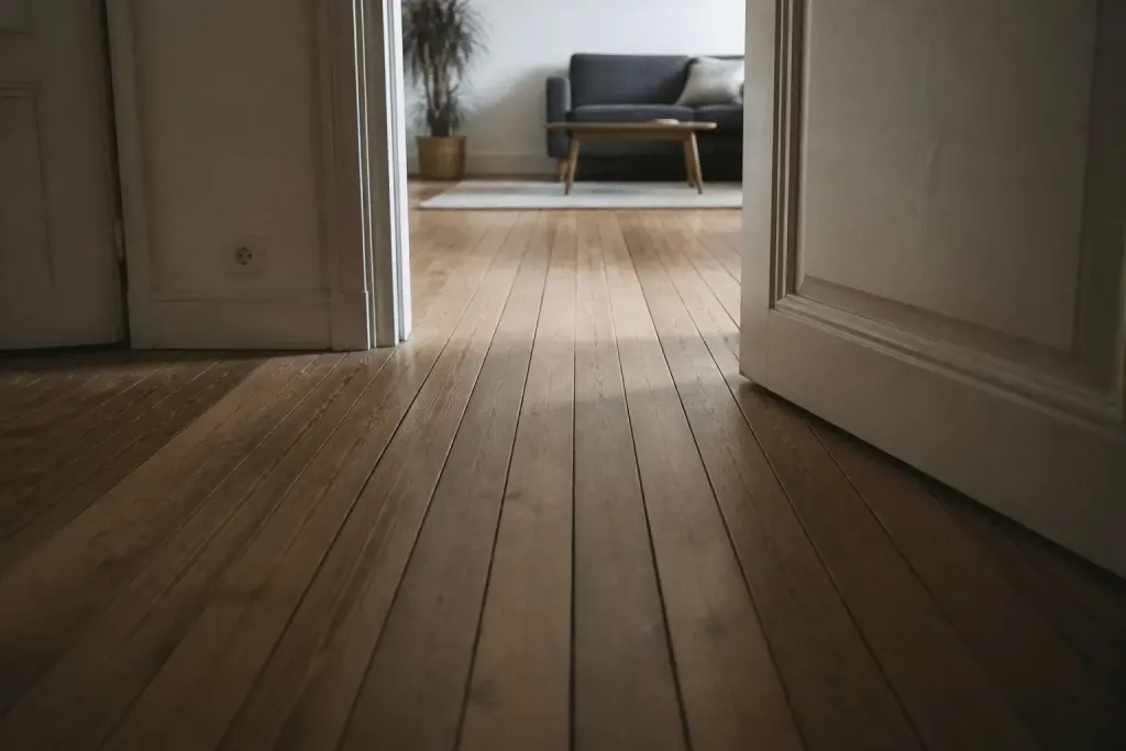 Lames de parquet créant illusion perspective dans intérieur