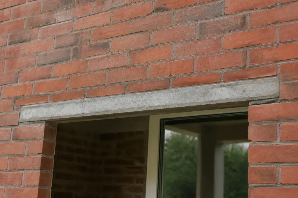 Beton lintel extending beyond window opening edges