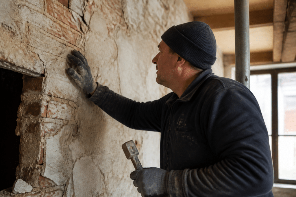 Maçon professionnel inspectant mur porteur avec outils
