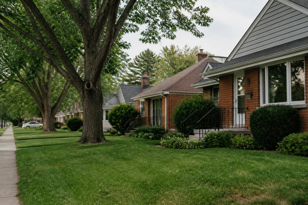 Maisons individuelles avec arbres verts dans quartier residentiel calme