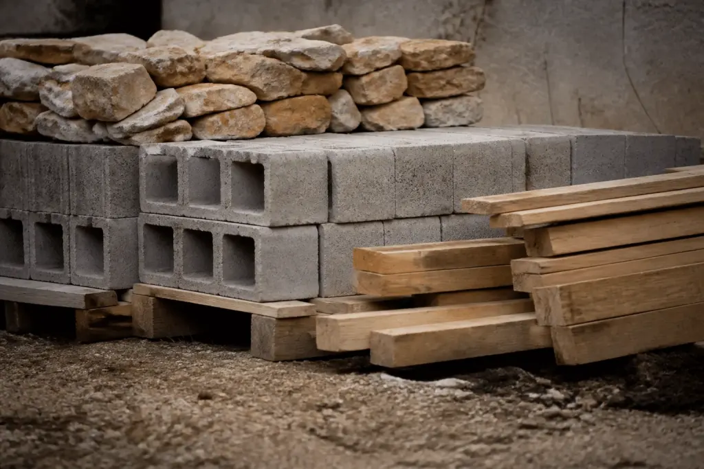 Blocs parpaing, pierre naturelle et bois construction empilés