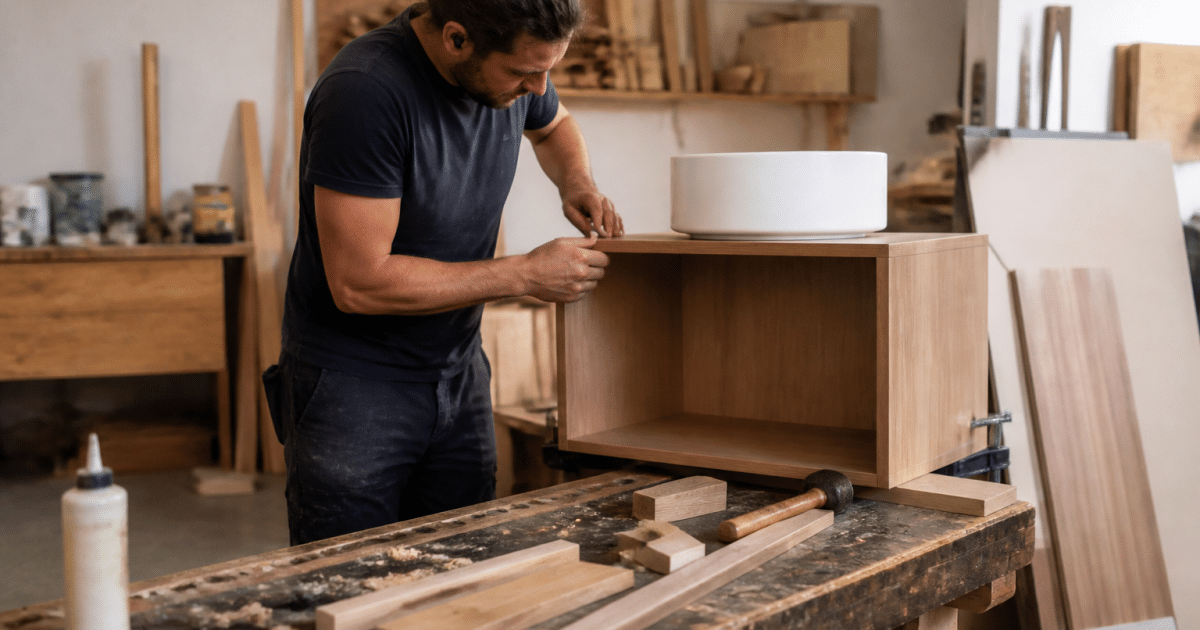 Artisan assemblant meuble bois vasque salle bain debout établi