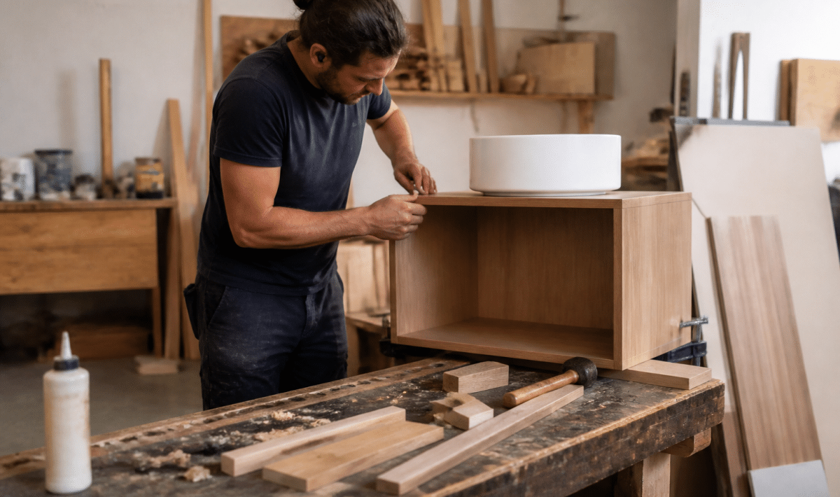 Artisan assemblant meuble bois vasque salle bain debout établi