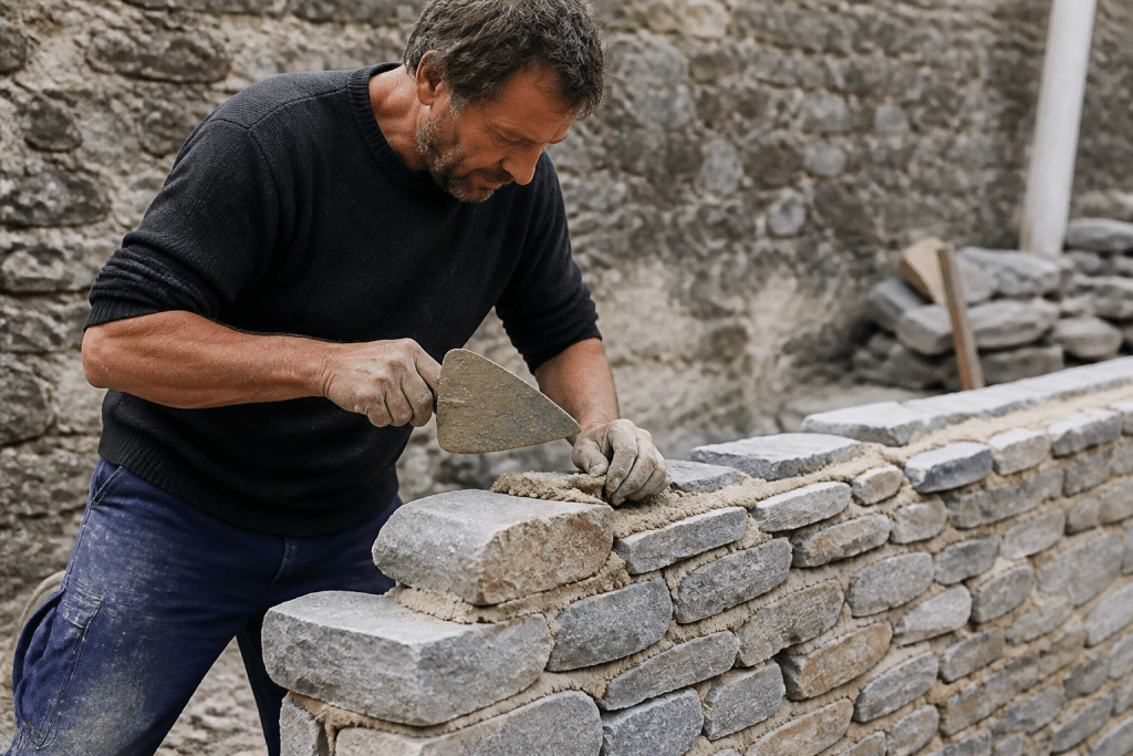Maçon posant pierres grises avec mortier beige épais