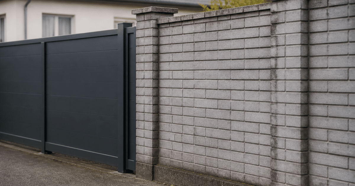 Mur de brique gris vertical délimitant propriété avec portail fermé
