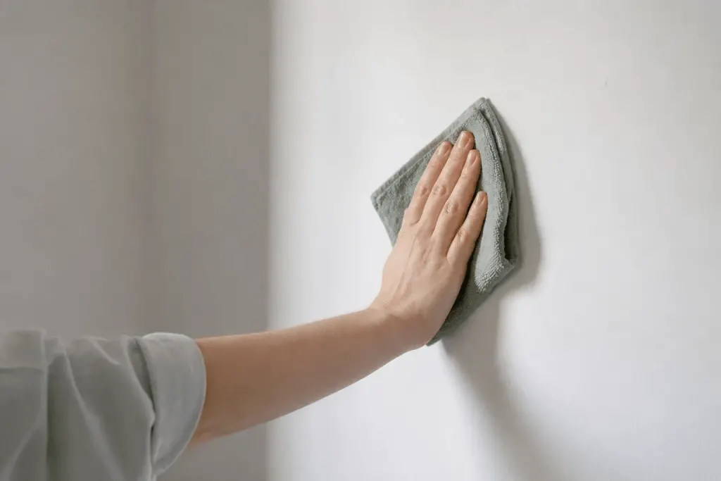 Main nettoyee avec chiffon humide sur mur blanc
