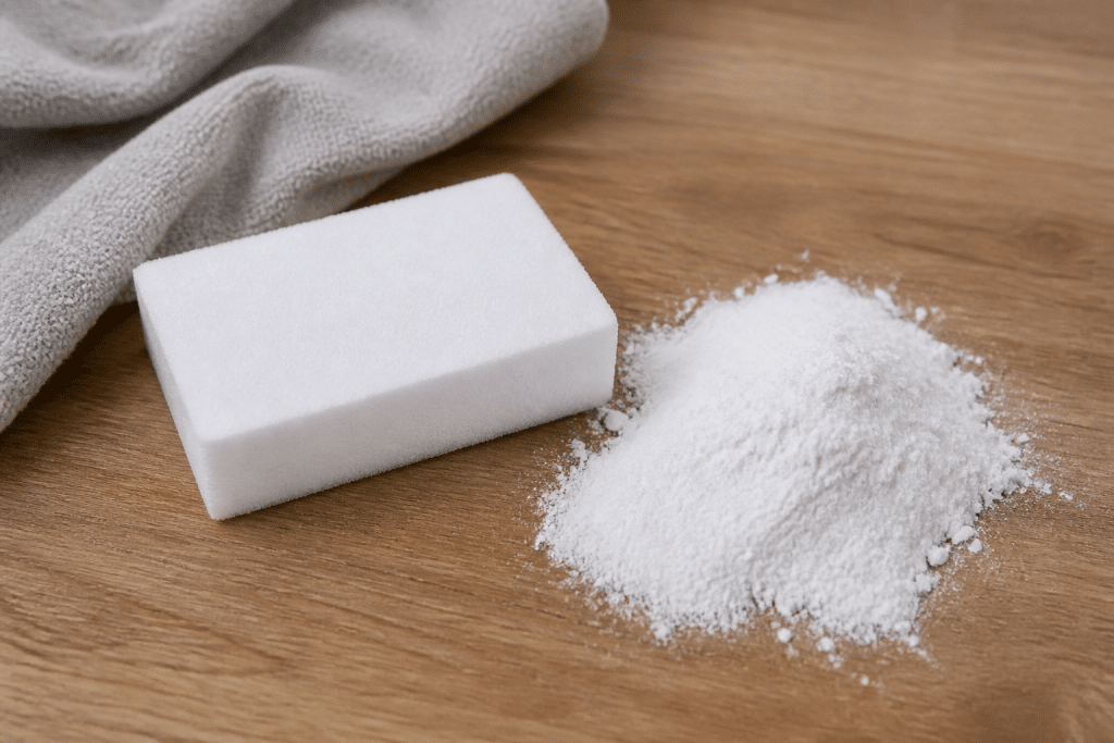 Eponge magique seche et poudre absorbante blanche