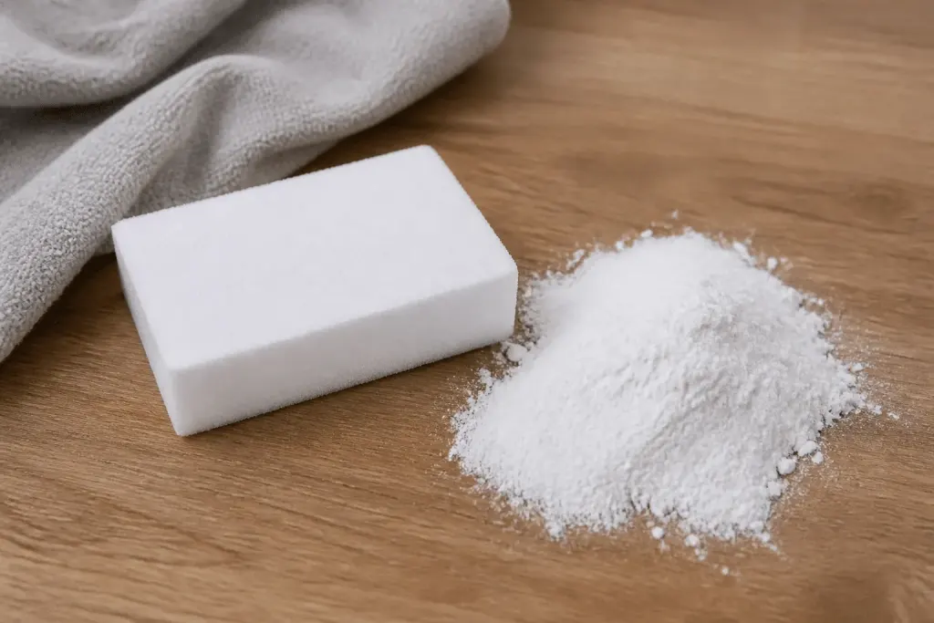 Eponge magique seche et poudre absorbante blanche