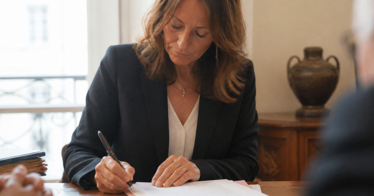 Notaire signant documents achat maison ancien sur bureau