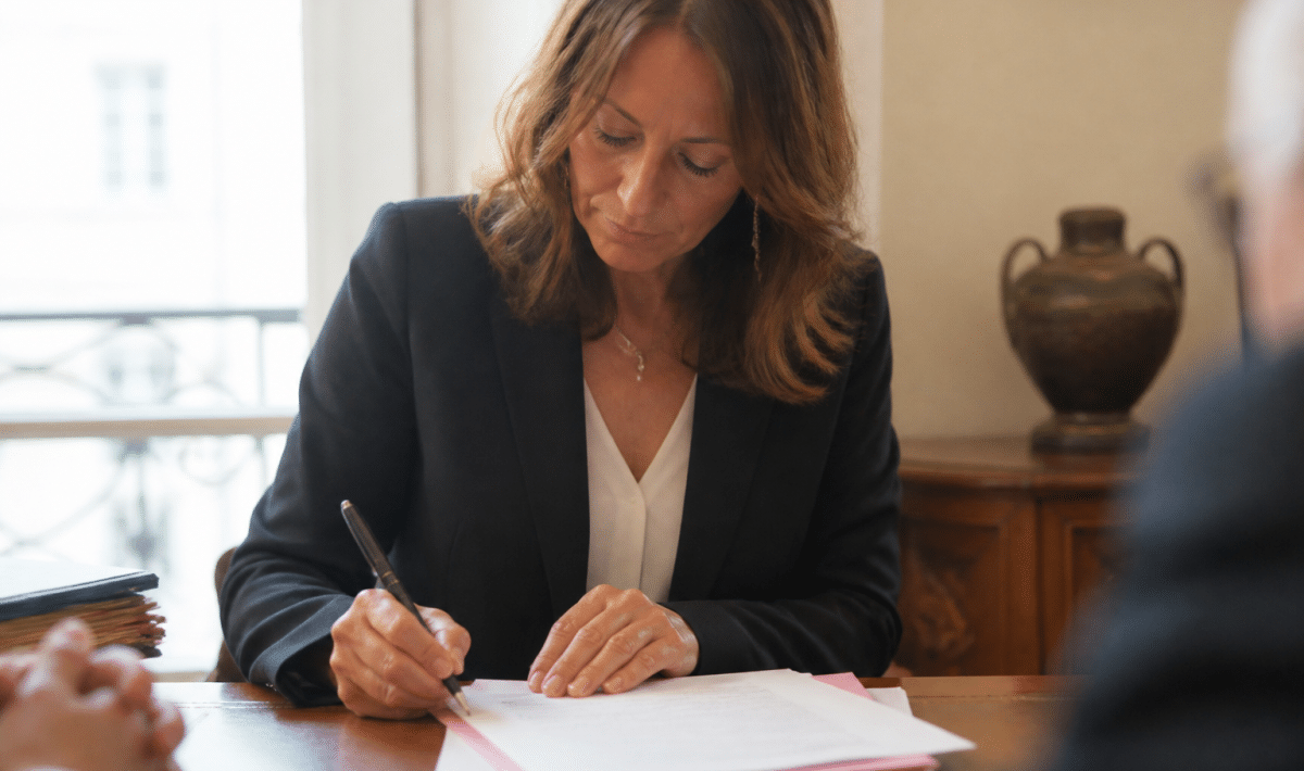 Notaire signant documents achat maison ancien sur bureau