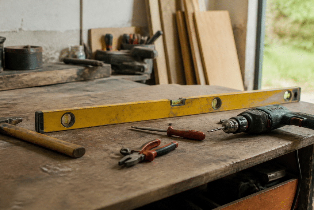 Outils de bricolage disposés sur établi avec niveau et perceuse