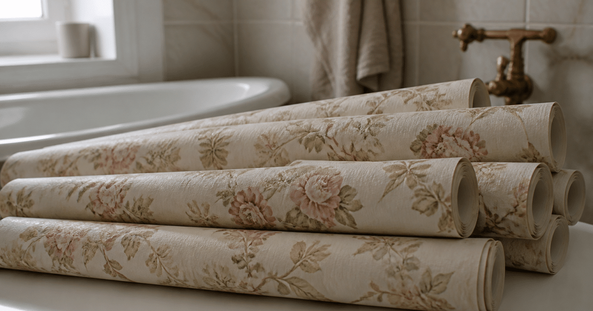 Rouleaux papier peint motifs floraux poses horizontalement salle bain