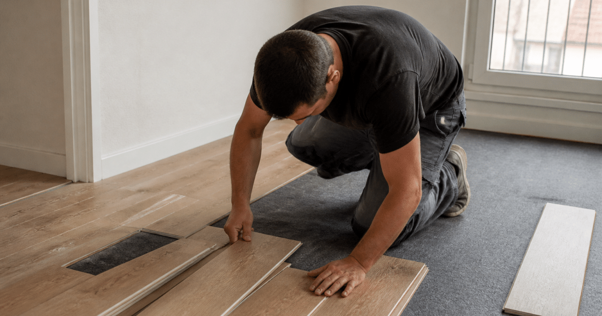 Ouvrier posant des lames de bois sur tapis gris