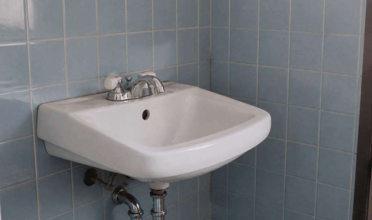 Petit lavabo blanc contre mur carrelé bleu clair