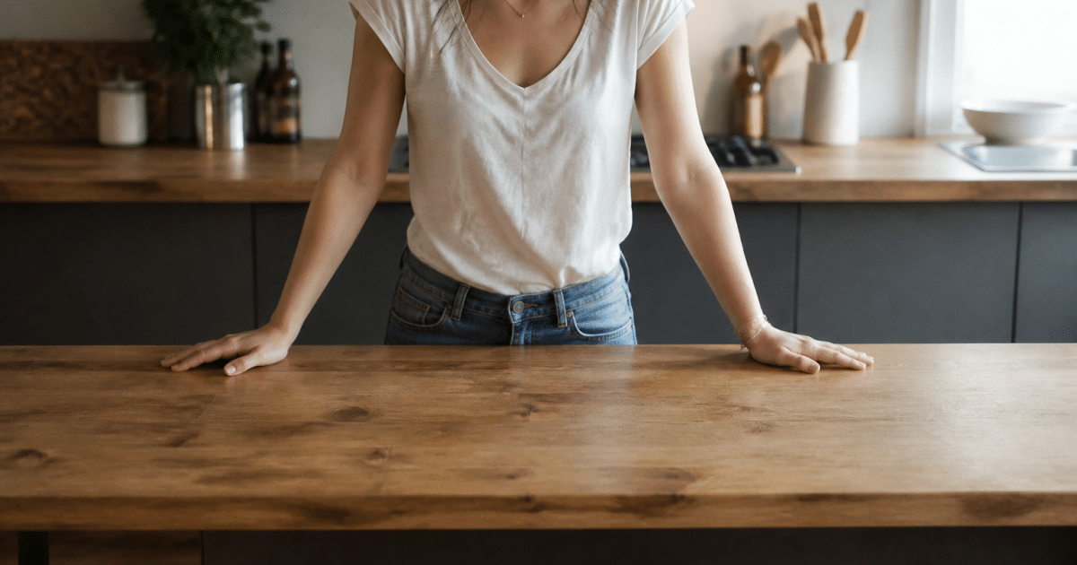 Plan de travail cuisine à hauteur standard avec mains posées dessus