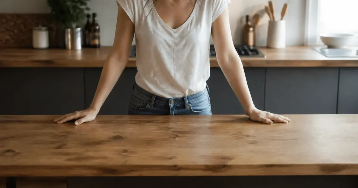 Plan de travail cuisine à hauteur standard avec mains posées dessus