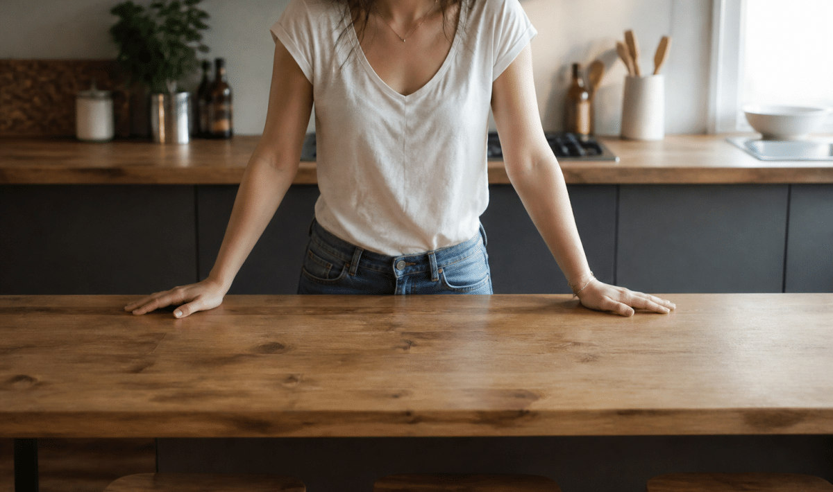 Plan de travail cuisine à hauteur standard avec mains posées dessus
