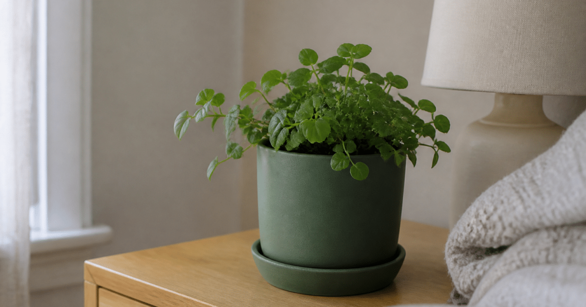 Pot de fleurs vert sur table de nuit en bois clair