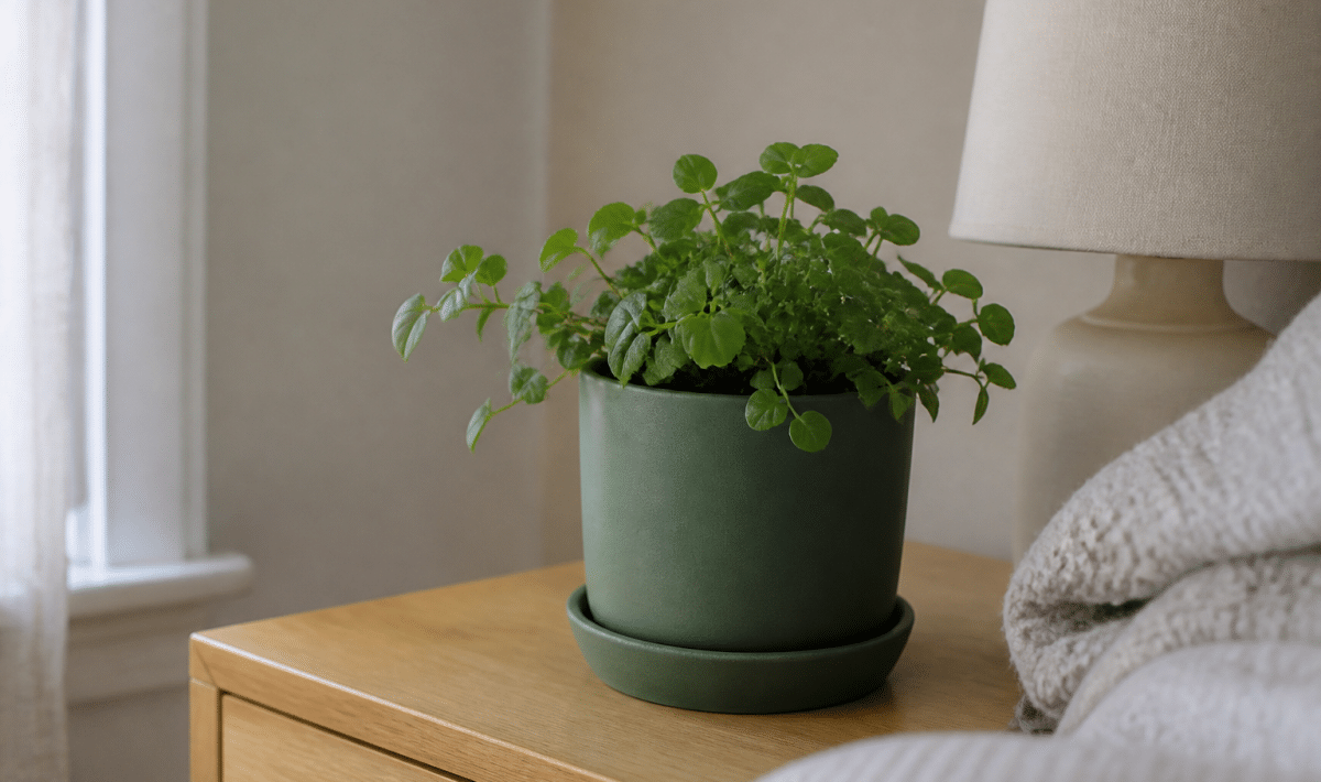 Pot de fleurs vert sur table de nuit en bois clair