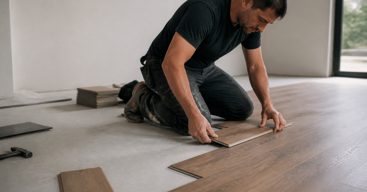 Ouvrier posant des lames de parquet brun sur sol gris