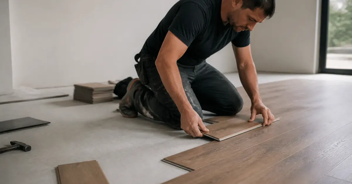 Ouvrier posant des lames de parquet brun sur sol gris
