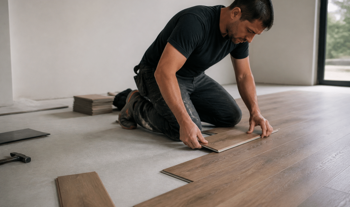 Ouvrier posant des lames de parquet brun sur sol gris