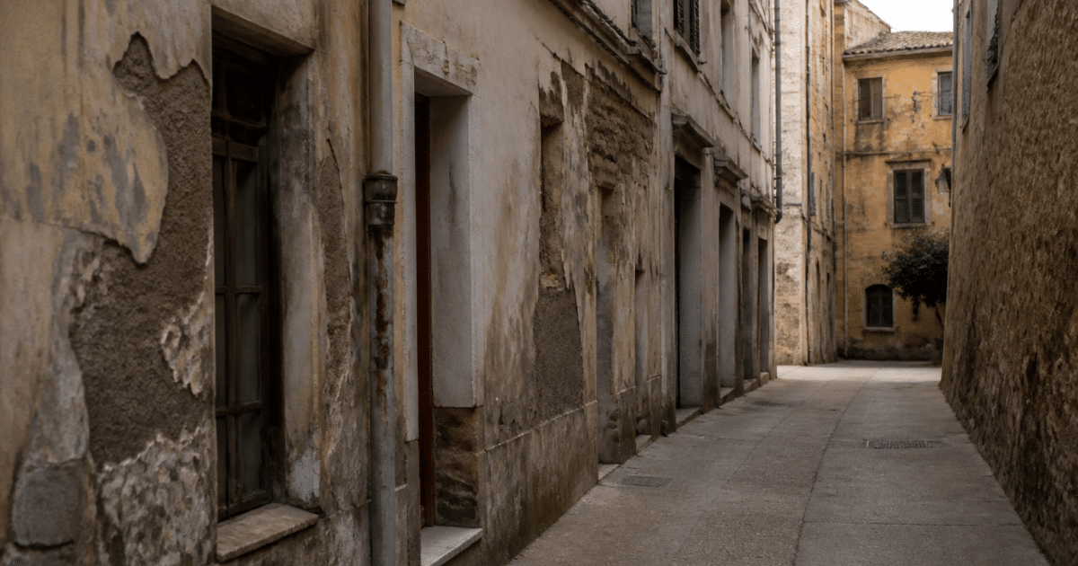 Rue etroite d'Ajaccio avec batiments delabres et facades usees