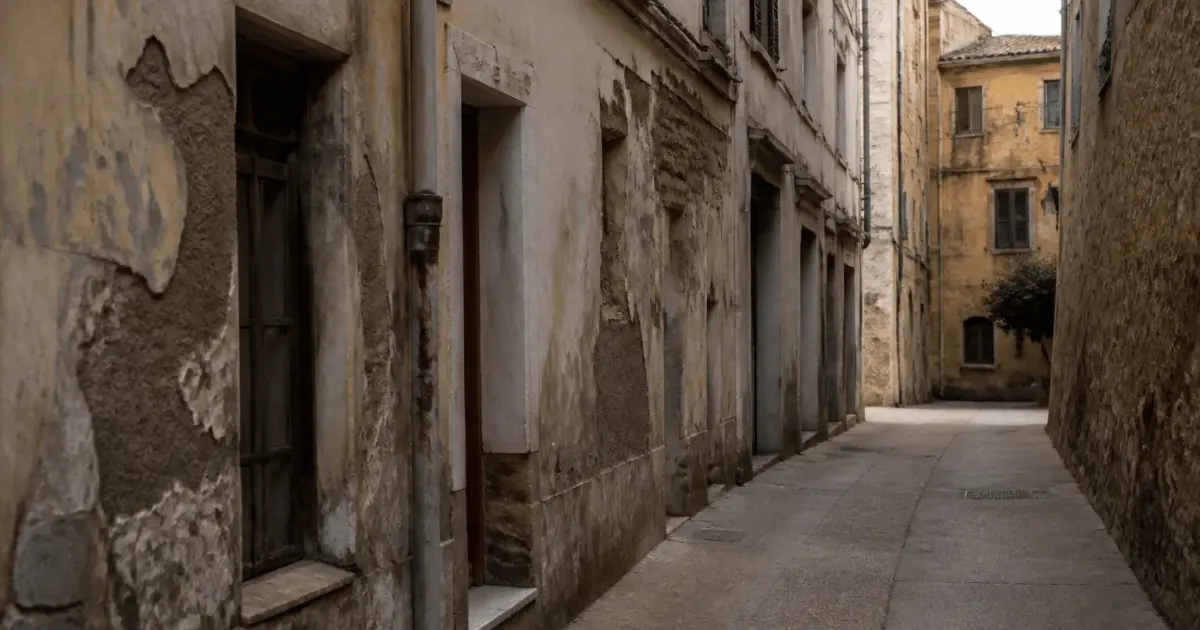 Rue etroite d'Ajaccio avec batiments delabres et facades usees
