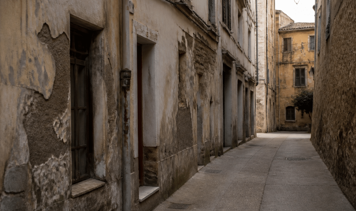 Rue etroite d'Ajaccio avec batiments delabres et facades usees